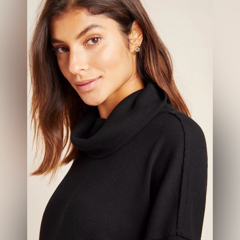 MAEVE Ainsley Waffle Knit Thermal Pullover Turtleneck Sweater Black Women's S - Picture 2 of 12